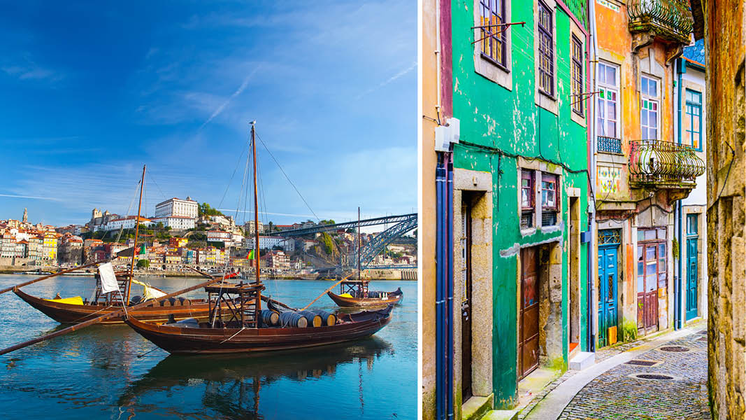 Båtar och färgglada hus i Porto, Portugal